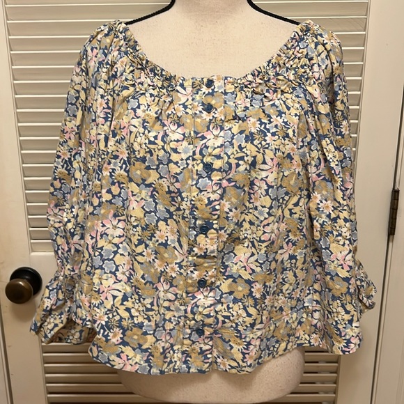 Free People James Smock Top in Light Blue Chambray Combo, Size XLarge, NWT - Picture 3 of 16